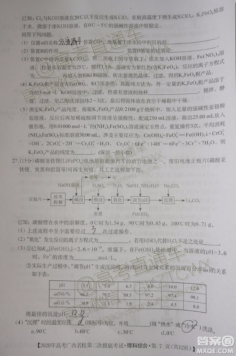 2020屆廣西名校第二次摸底考試?yán)砭C試題及參考答案