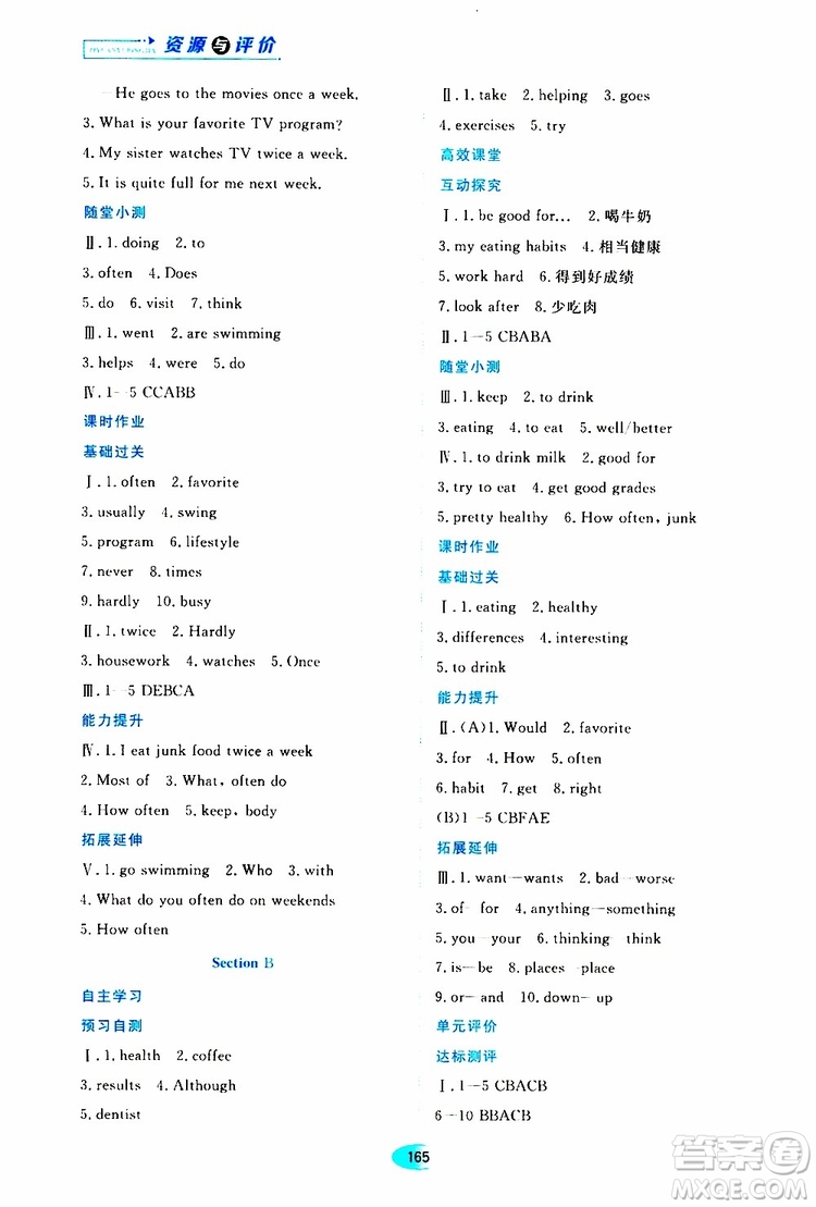 黑龍江教育出版社2019年資源與評價英語八年級上冊人教版參考答案