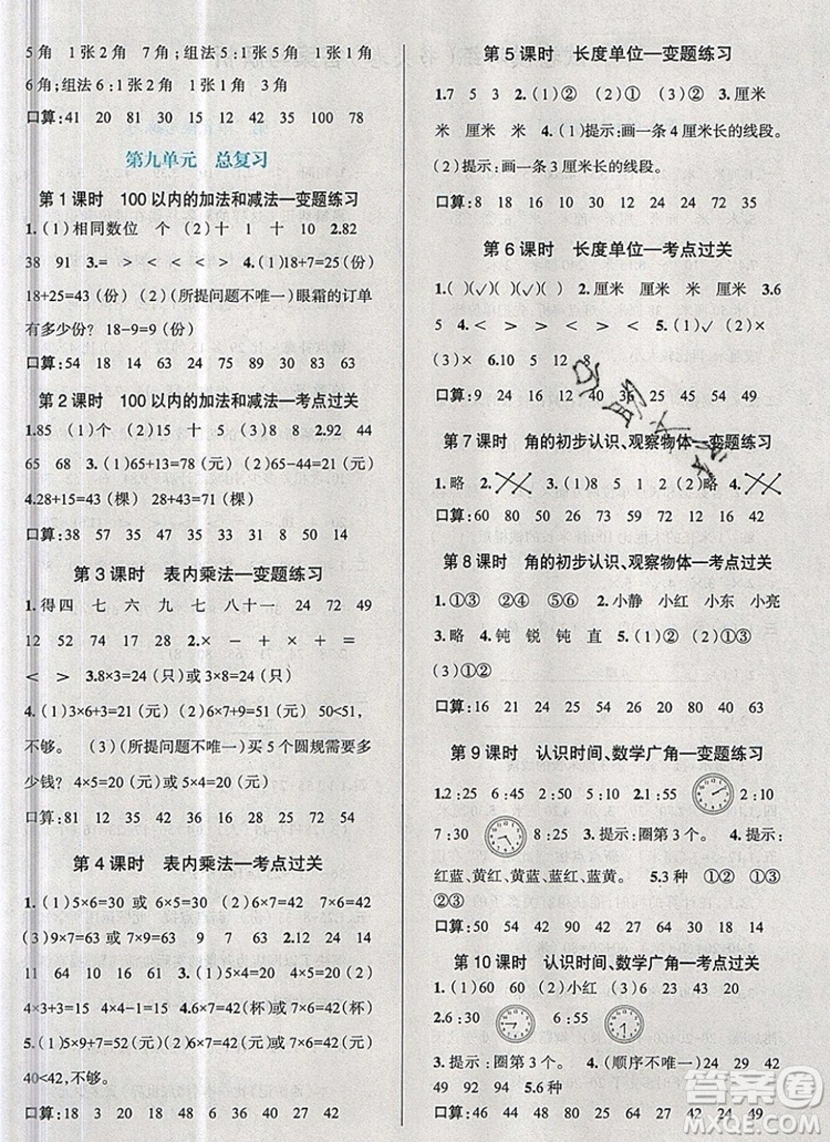 現(xiàn)代教育出版社2019年走向優(yōu)等生二年級數(shù)學(xué)上冊人教版答案