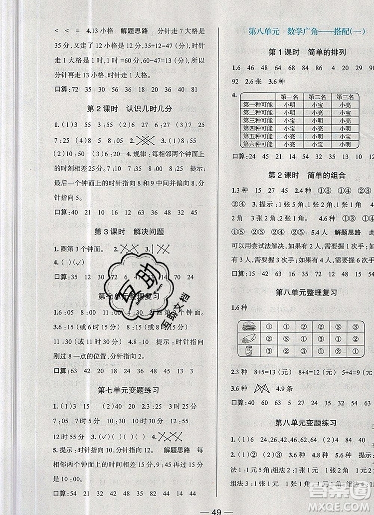 現(xiàn)代教育出版社2019年走向優(yōu)等生二年級數(shù)學(xué)上冊人教版答案