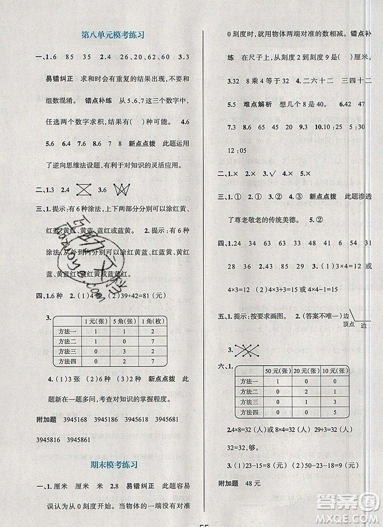 現(xiàn)代教育出版社2019年走向優(yōu)等生二年級數(shù)學(xué)上冊人教版答案