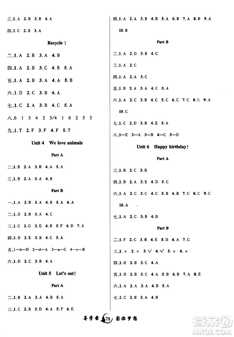 2019年優(yōu)質(zhì)課堂導(dǎo)學(xué)案英語三年級上冊RJ人教版參考答案