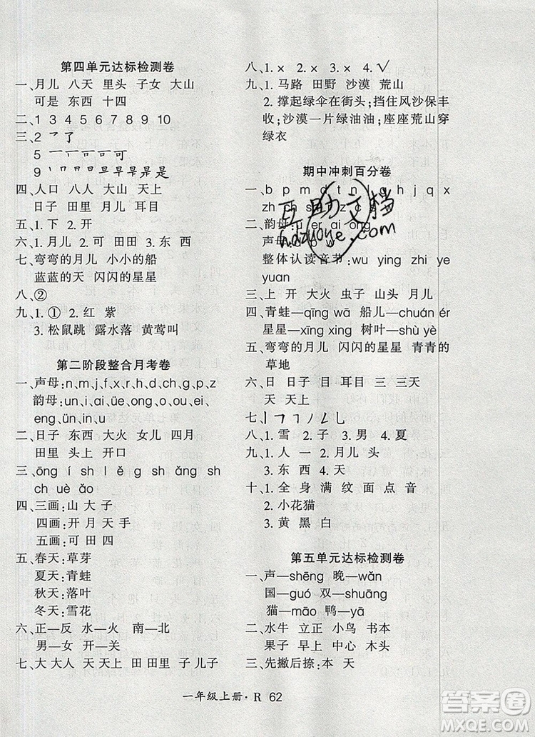 2019年秋新版贏在立德?tīng)钤?卷通一年級(jí)語(yǔ)文上冊(cè)人教版答案