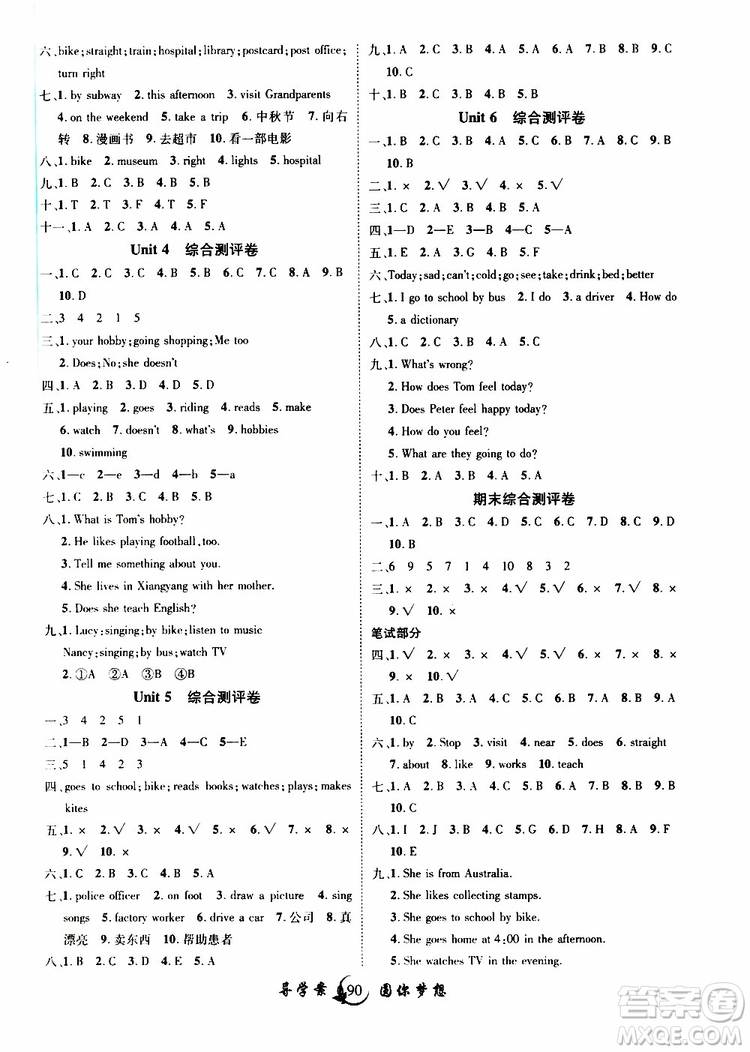 2019年優(yōu)質(zhì)課堂導(dǎo)學(xué)案英語六年級上冊RJ人教版參考答案