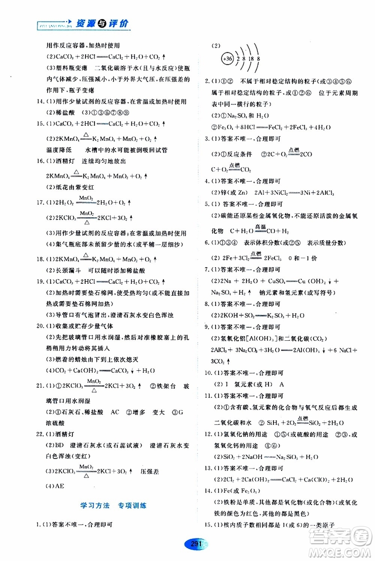 黑龍江教育出版社2019年五四學(xué)制資源與評(píng)價(jià)化學(xué)九年級(jí)全一冊(cè)人教版參考答案