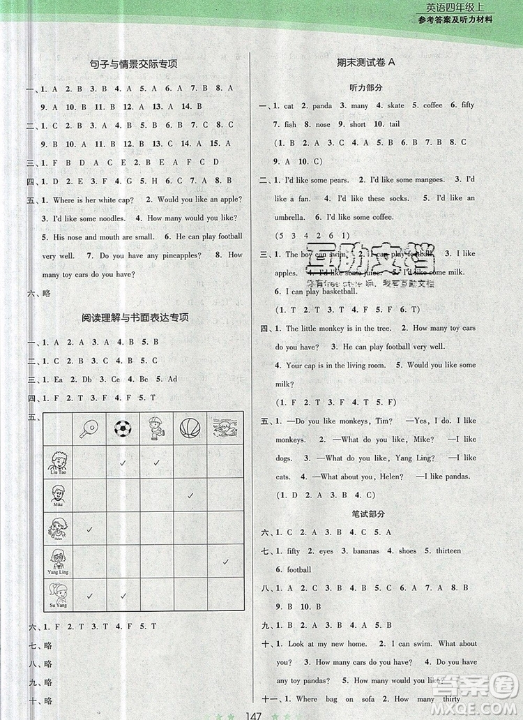 江蘇鳳凰美術(shù)出版社2019年創(chuàng)新課時作業(yè)本四年級英語上冊江蘇版答案