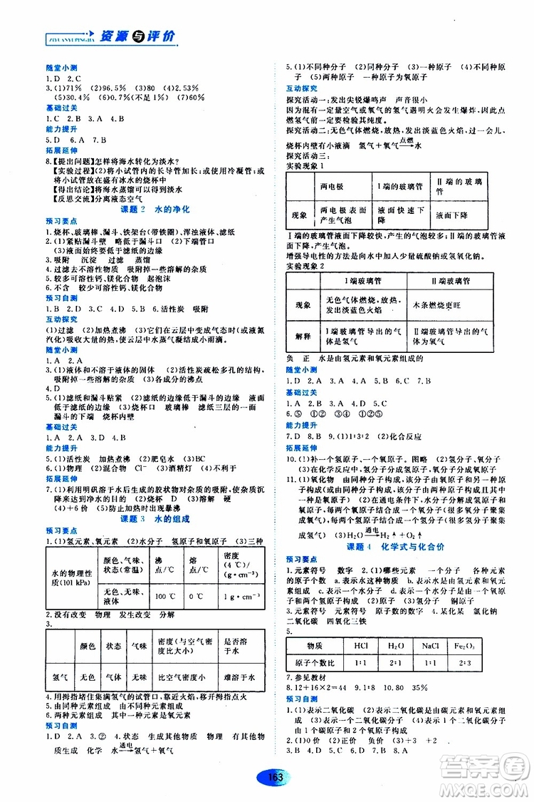 黑龍江教育出版社2019年資源與評價化學九年級上冊人教版參考答案