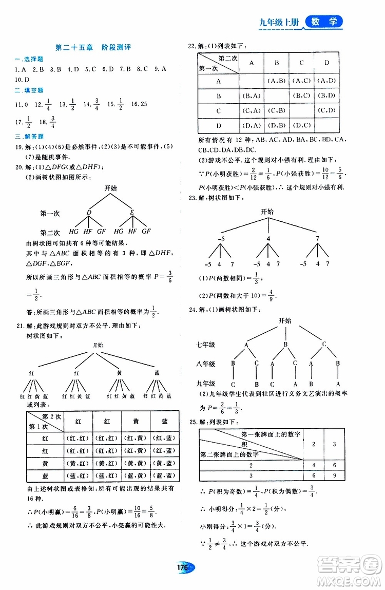 2019年秋資源與評(píng)價(jià)數(shù)學(xué)九年級(jí)上冊(cè)人教版參考答案