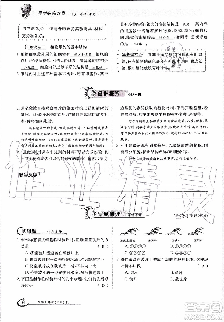 金太陽(yáng)教育2019年金太陽(yáng)導(dǎo)學(xué)案生物七年級(jí)上冊(cè)創(chuàng)新版參考答案