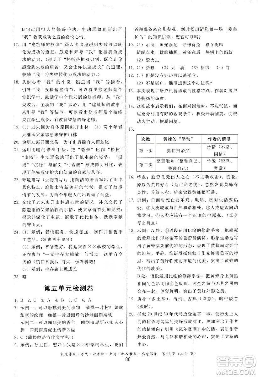 貴州科技出版社2019家庭作業(yè)七年級語文上冊人教版答案