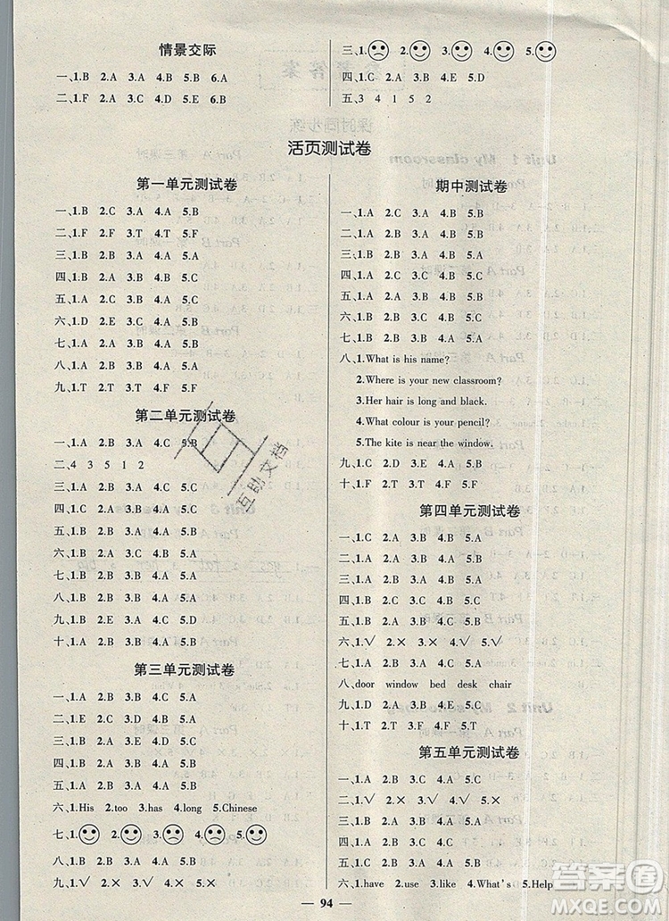 2019年秋新版創(chuàng)優(yōu)作業(yè)100分導(dǎo)學(xué)案四年級(jí)英語上冊(cè)人教版答案