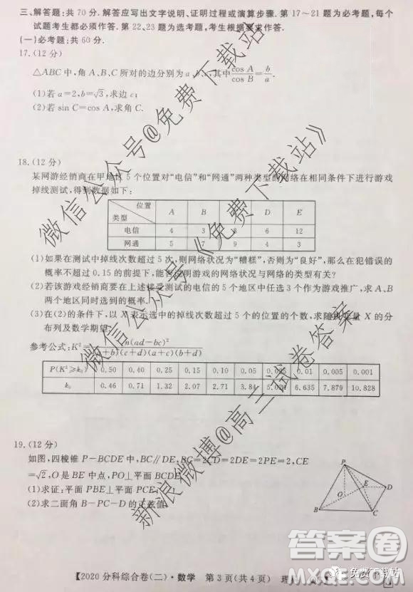 2020屆全國高考3+3分科綜合卷二理科數(shù)學試題及參考答案