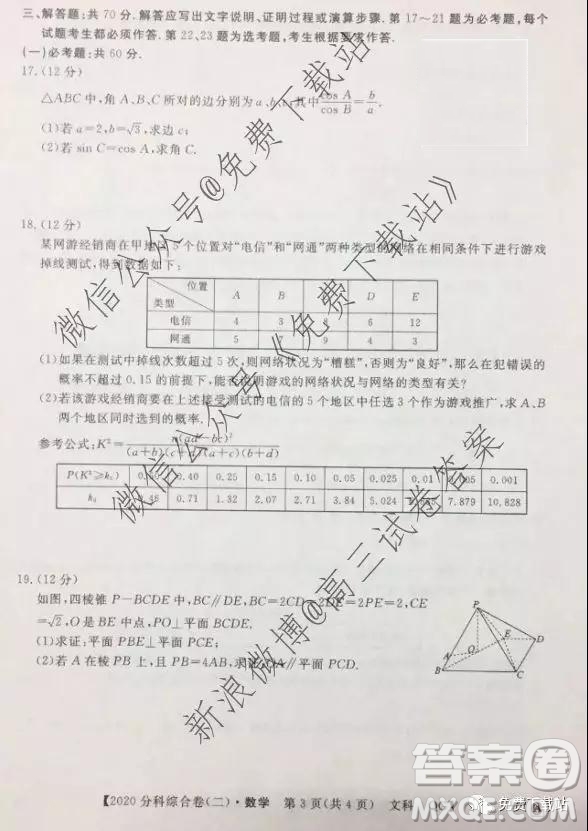 2020屆全國高考3+3分科綜合卷二文科數(shù)學(xué)試題及參考答案