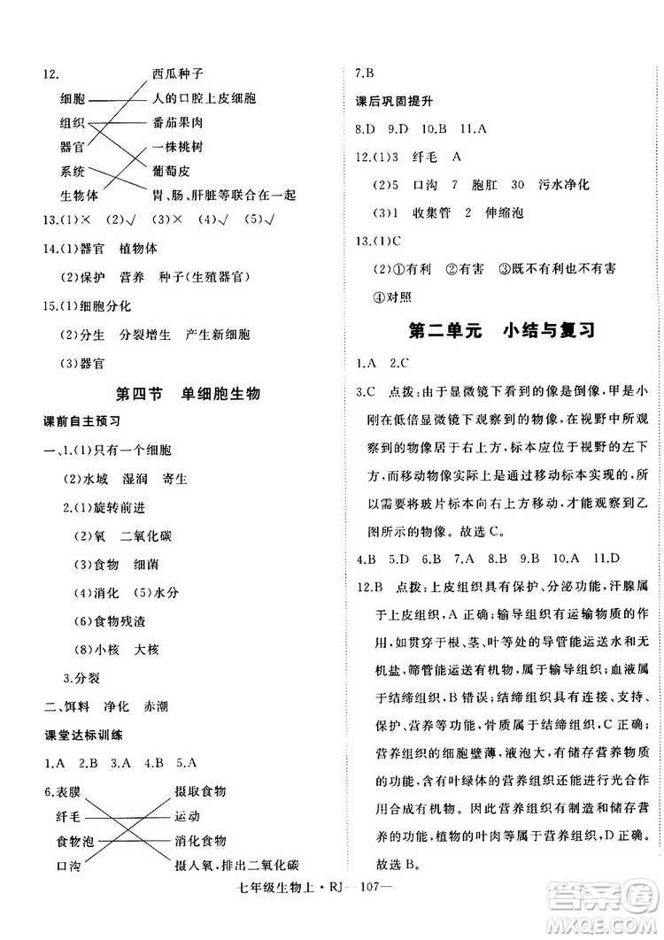 2019秋優(yōu)翼叢書學(xué)練優(yōu)生物七年級上RJ人教版參考答案