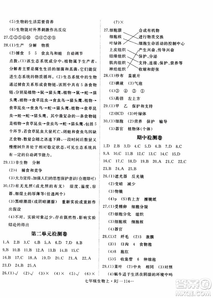 2019秋優(yōu)翼叢書學(xué)練優(yōu)生物七年級上RJ人教版參考答案