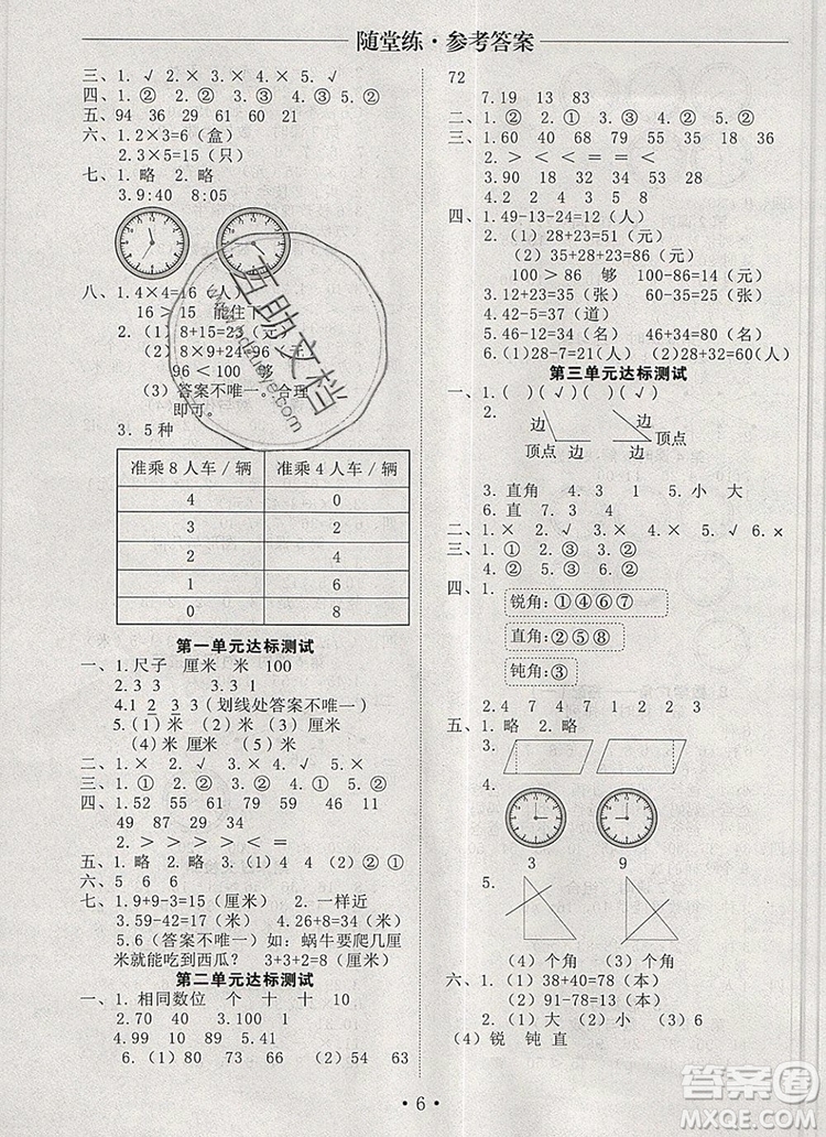 2019年秋新版黃岡隨堂練二年級數(shù)學(xué)上冊人教版答案