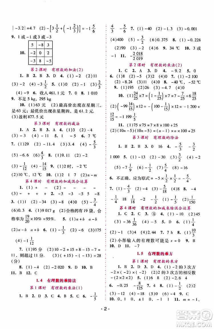 2019年新課程學(xué)習(xí)輔導(dǎo)數(shù)學(xué)七年級上冊人教版參考答案