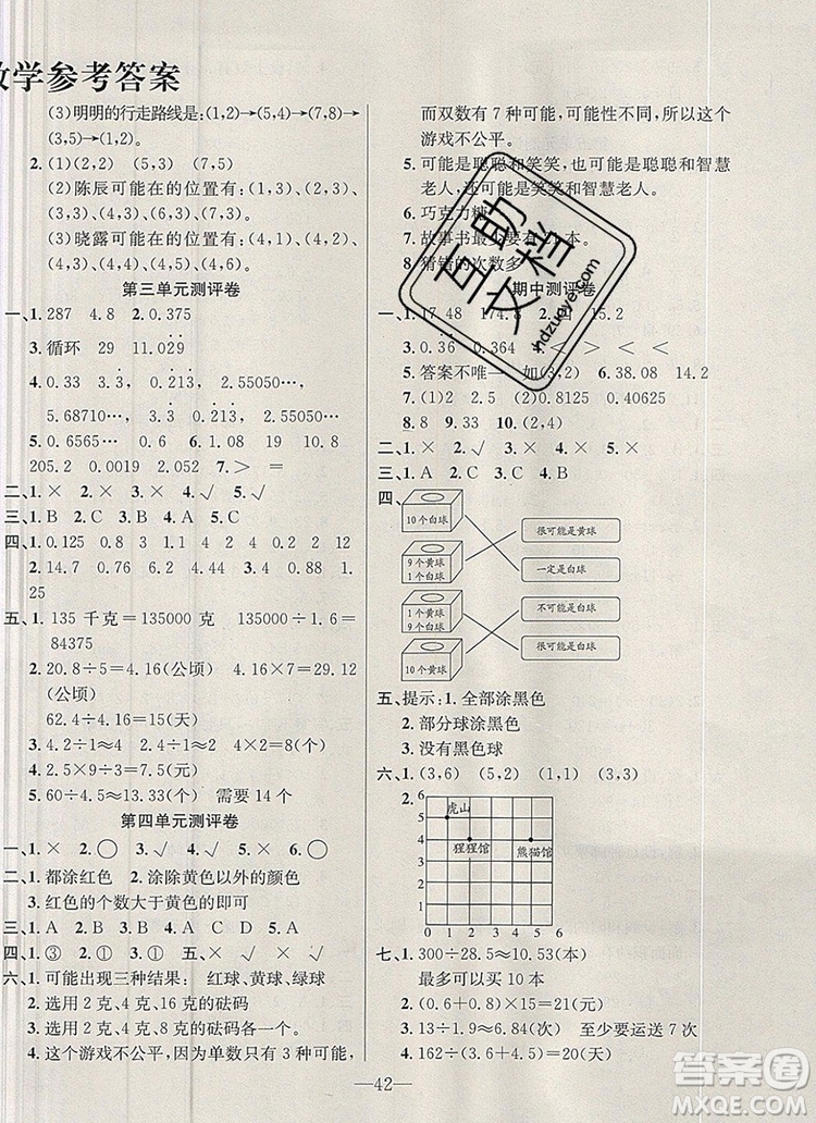 2019年人教版英才計(jì)劃同步課時(shí)高效訓(xùn)練五年級數(shù)學(xué)上冊答案