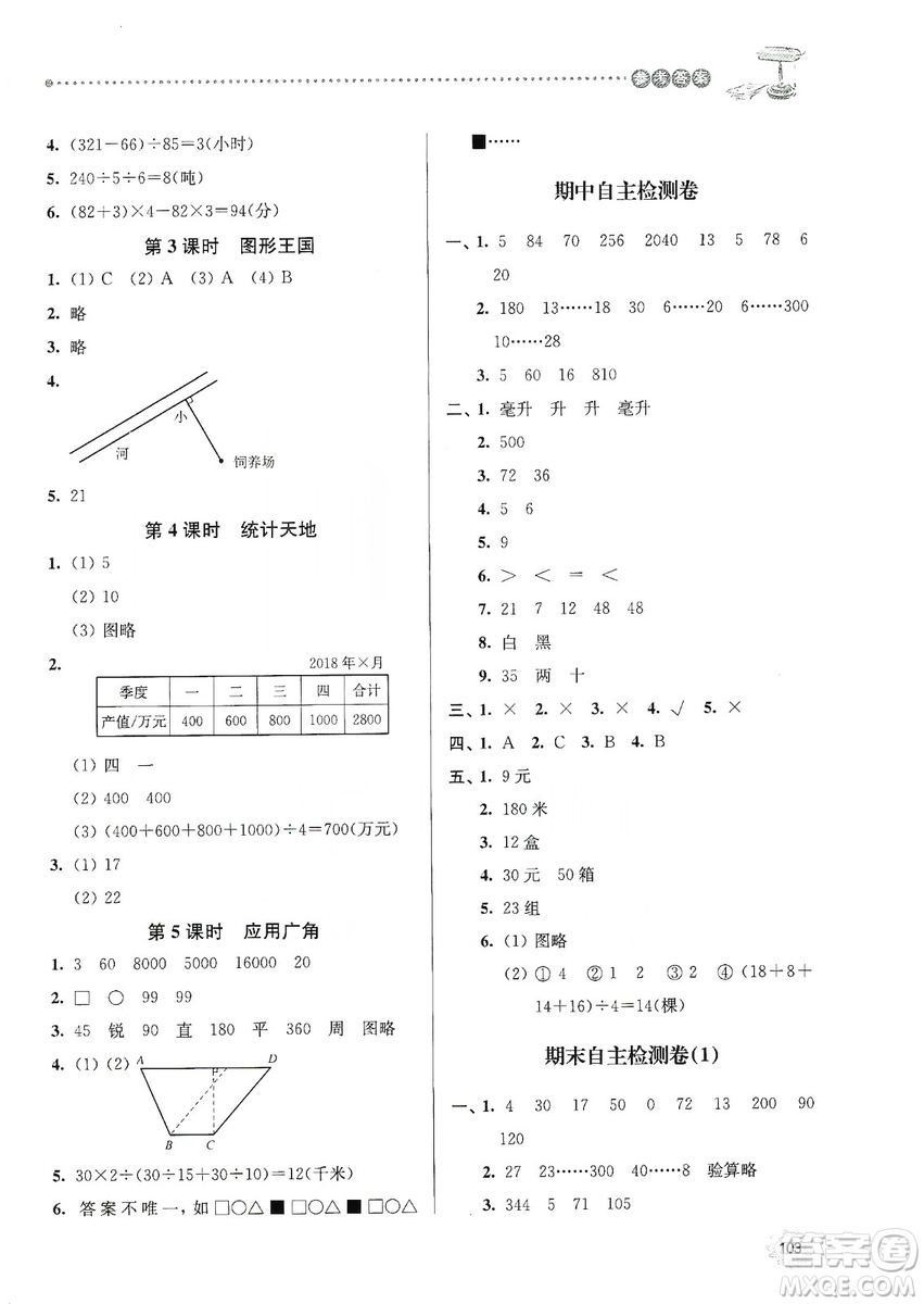 南大勵學2019課時天天練四年級數學上冊蘇科版答案