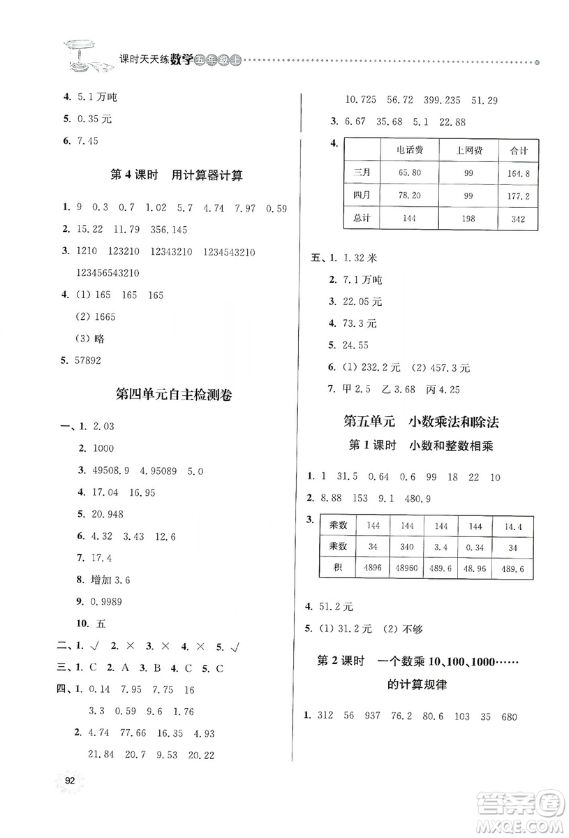 南大勵(lì)學(xué)2019課時(shí)天天練五年級數(shù)學(xué)上冊蘇教版答案