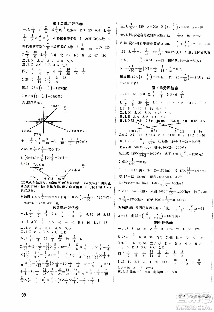 2019年英才小狀元同步優(yōu)化練與測(cè)六年級(jí)上冊(cè)數(shù)學(xué)RJ人教版參考答案