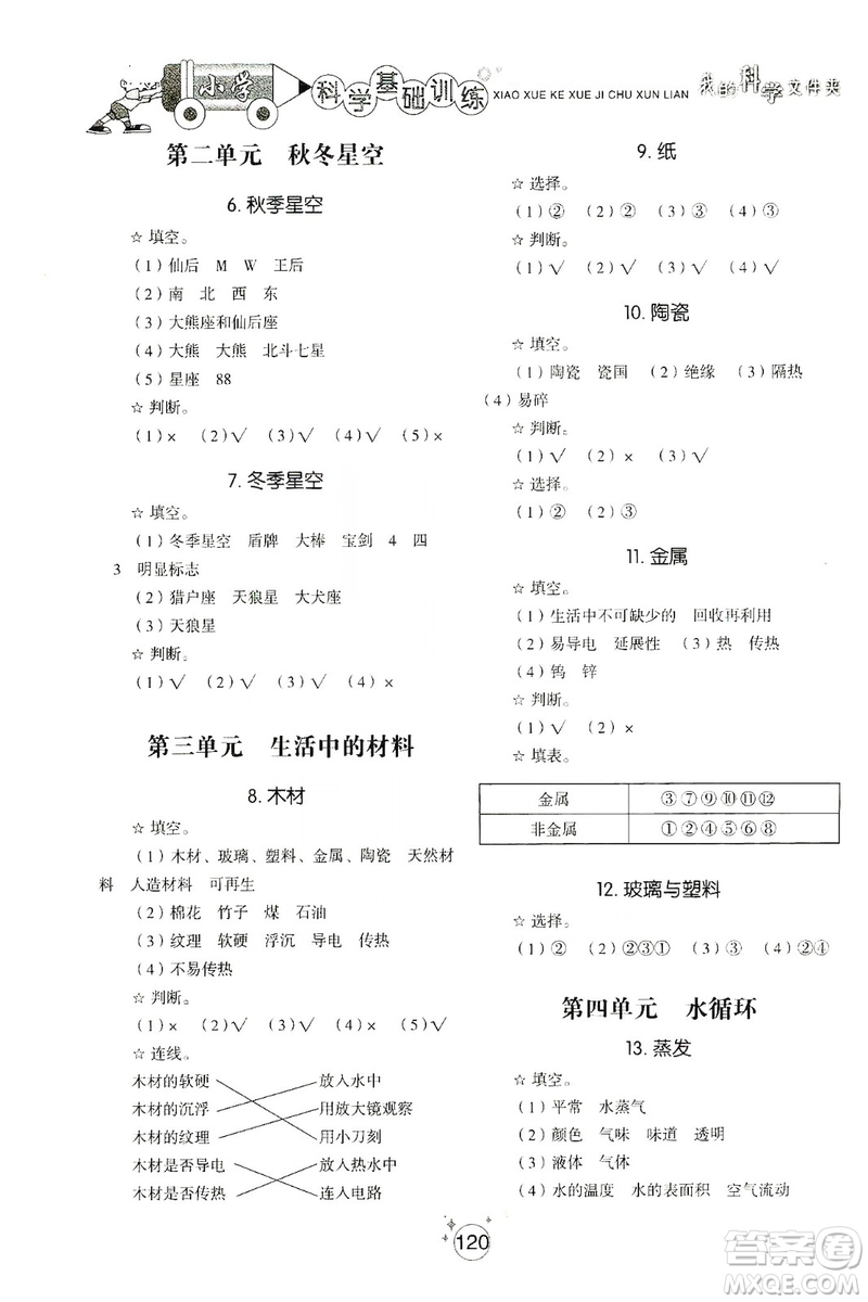 山東教育出版社2019小學(xué)基礎(chǔ)訓(xùn)練四年級科學(xué)上冊五四制版答案