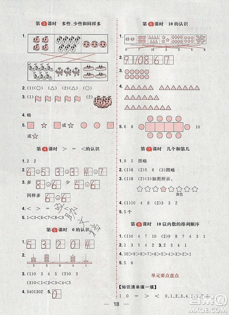 南方出版社2019年核心素養(yǎng)天天練一年級(jí)數(shù)學(xué)上冊(cè)冀教版答案