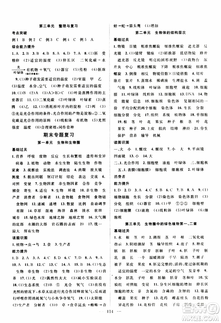 智慧萬羽2019年優(yōu)質課堂導學案生物七年級上冊人教版參考答案