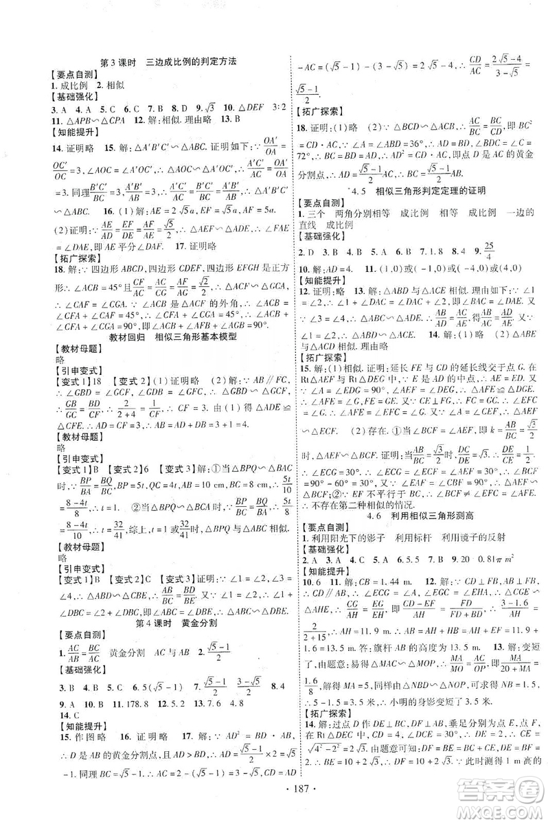 寧夏人民教育出版社2019暢優(yōu)新課堂九年級數(shù)學(xué)上冊北師大BS版答案