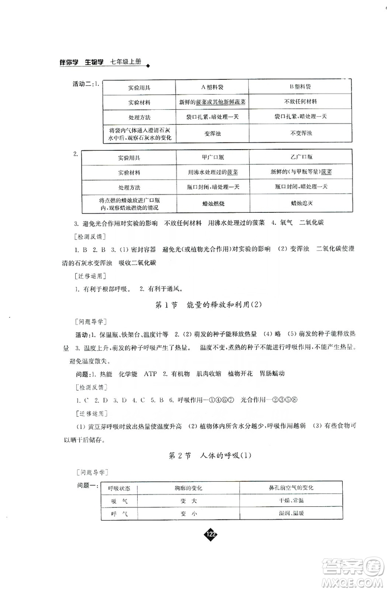 江蘇人民出版社2019伴你學(xué)七年級上冊生物學(xué)蘇科版答案