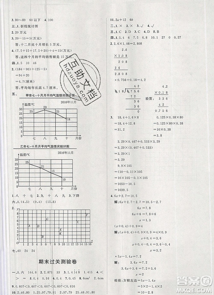 2019秋季陽光計劃第一步五年級上冊數(shù)學青島版答案