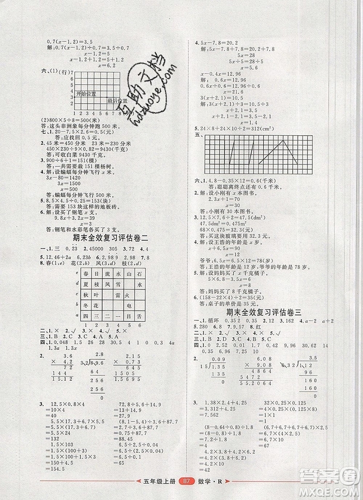 2019秋季陽(yáng)光計(jì)劃第二步五年級(jí)數(shù)學(xué)上冊(cè)人教版答案