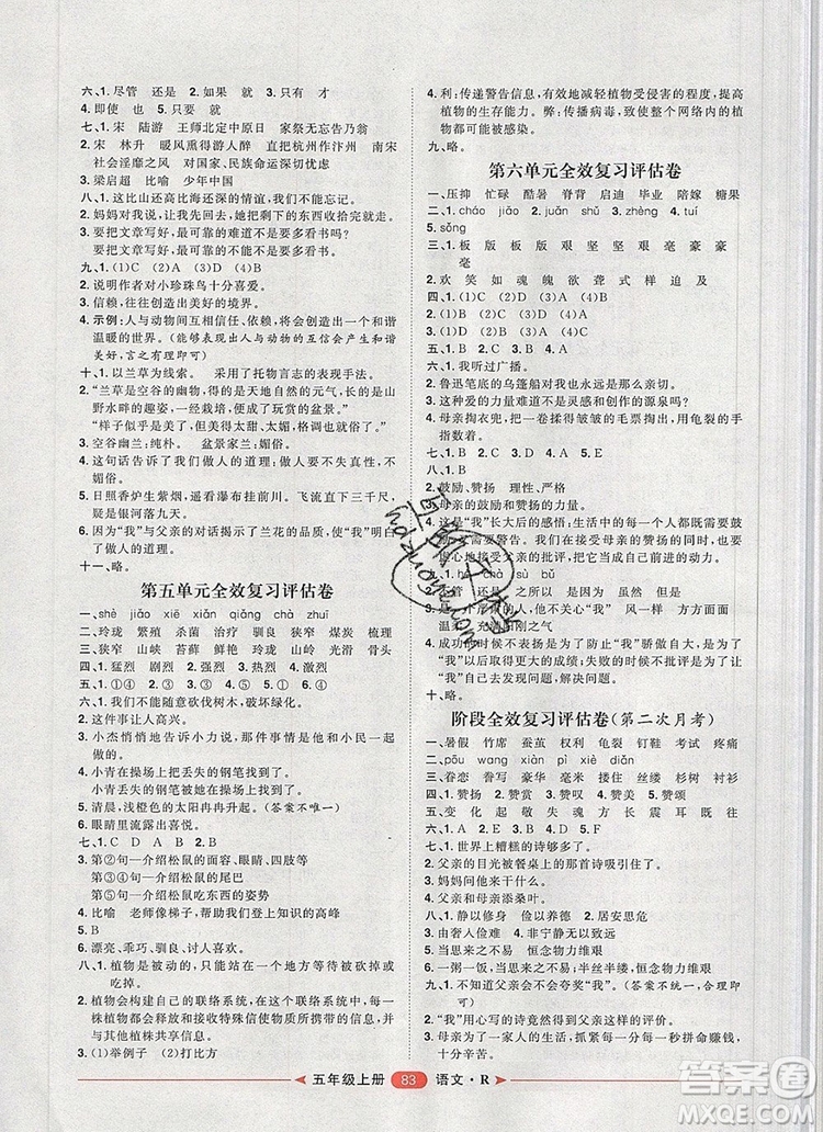 2019秋季陽(yáng)光計(jì)劃第二步五年級(jí)語(yǔ)文上冊(cè)人教版答案