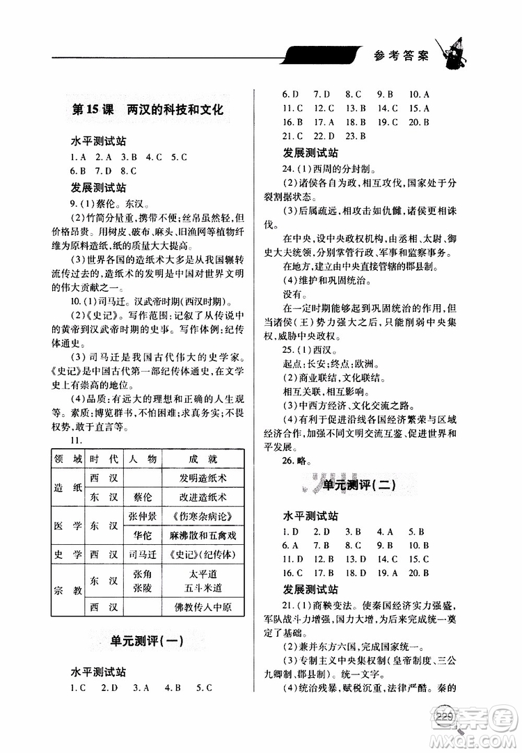 2019年新課堂同步學(xué)習(xí)與探究歷史七年級(jí)上學(xué)期人教版參考答案