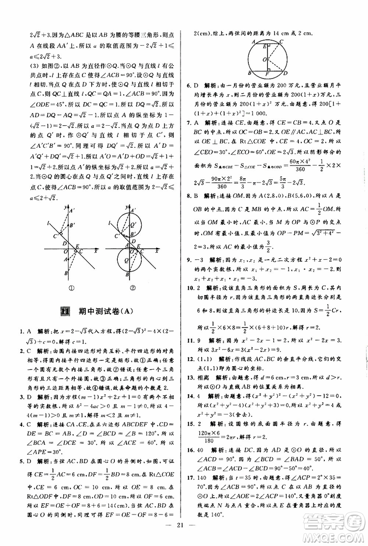 2019年亮點給力大試卷數(shù)學(xué)九年級上冊人教版參考答案