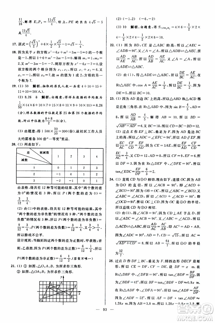 2019年亮點給力大試卷數(shù)學(xué)九年級上冊人教版參考答案