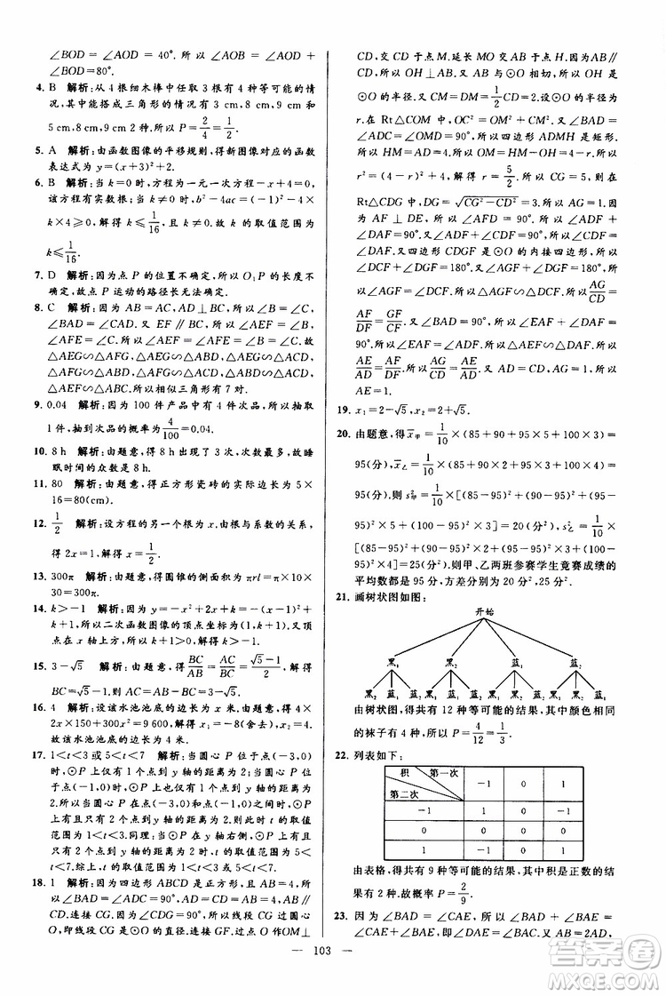 2019年亮點給力大試卷數(shù)學(xué)九年級上冊人教版參考答案