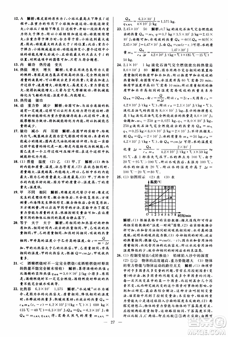 2019年亮點給力大試卷物理九年級上冊人教版參考答案