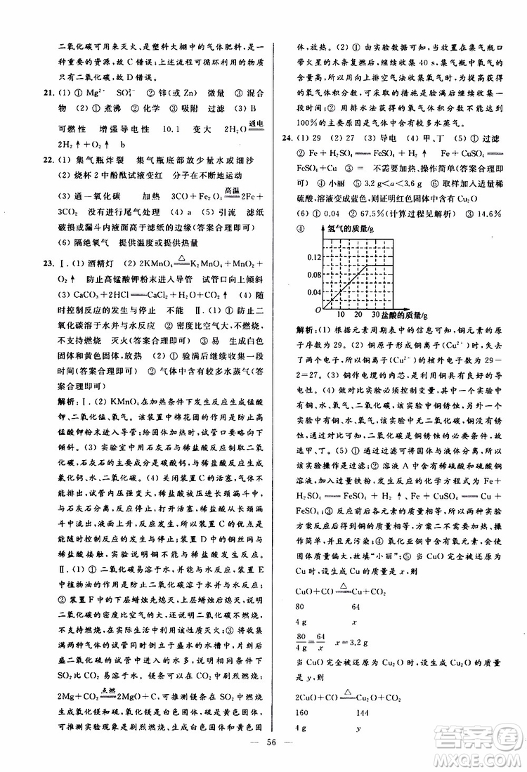 2019年亮點(diǎn)給力大試卷化學(xué)九年級上冊H滬教版參考答案