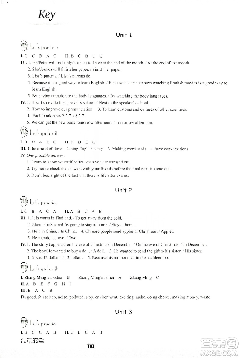 浙江教育出版社2019英語(yǔ)聽(tīng)說(shuō)強(qiáng)化訓(xùn)練九年級(jí)全一冊(cè)人教版答案