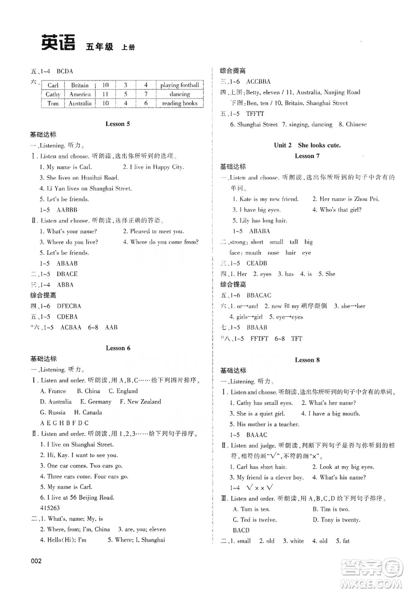 天津教育出版社2019學習質(zhì)量監(jiān)測五年級英語上冊人教版答案