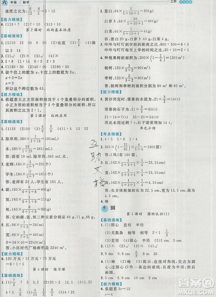 延邊人民出版社2019年百分學生作業(yè)本題練王六年級數(shù)學上冊人教版答案