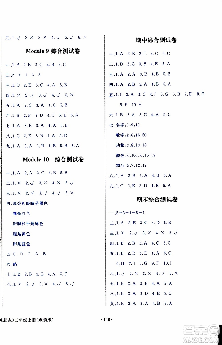 外語教學(xué)與研究出版社2019年陽光課堂點(diǎn)讀版英語三年級(jí)上冊(cè)外研版參考答案