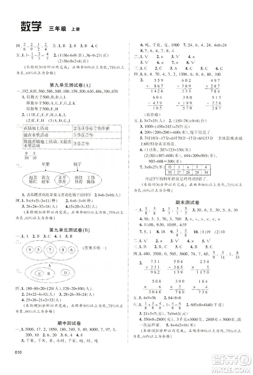 天津教育出版社2019學(xué)習(xí)質(zhì)量監(jiān)測三年級數(shù)學(xué)上冊人教版答案