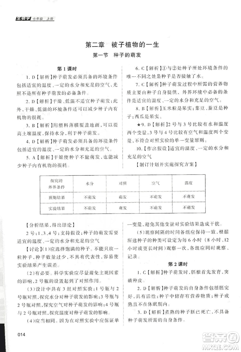 天津教育出版社2019學(xué)習(xí)質(zhì)量監(jiān)測(cè)生物學(xué)七年級(jí)上冊(cè)人教版答案