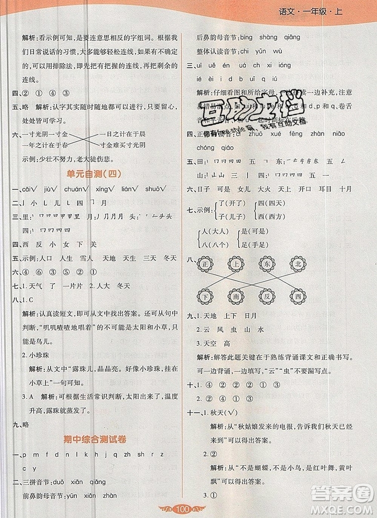 2019年人教版世紀(jì)百通百通作業(yè)本一年級語文上冊答案