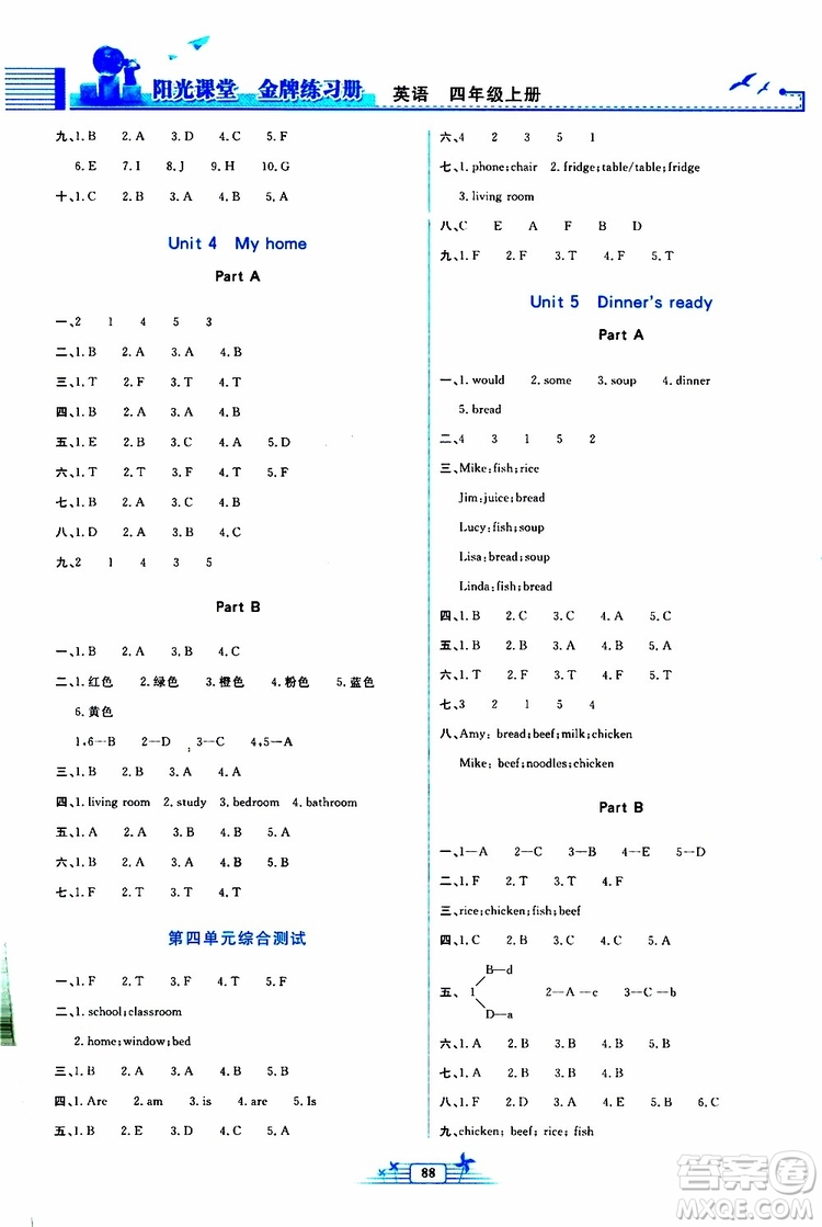 人民教育出版社2019年陽(yáng)光課堂金牌練習(xí)冊(cè)英語(yǔ)四年級(jí)上冊(cè)人教版參考答案