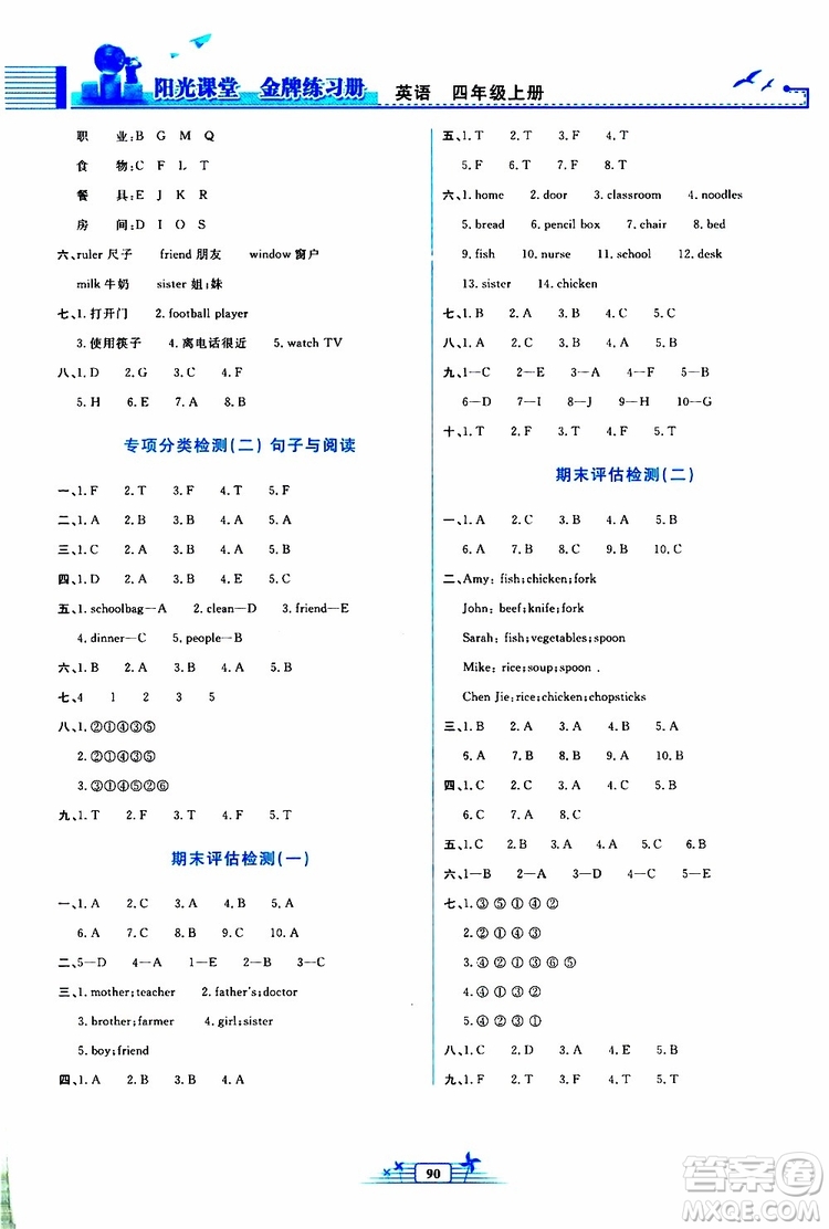 人民教育出版社2019年陽(yáng)光課堂金牌練習(xí)冊(cè)英語(yǔ)四年級(jí)上冊(cè)人教版參考答案