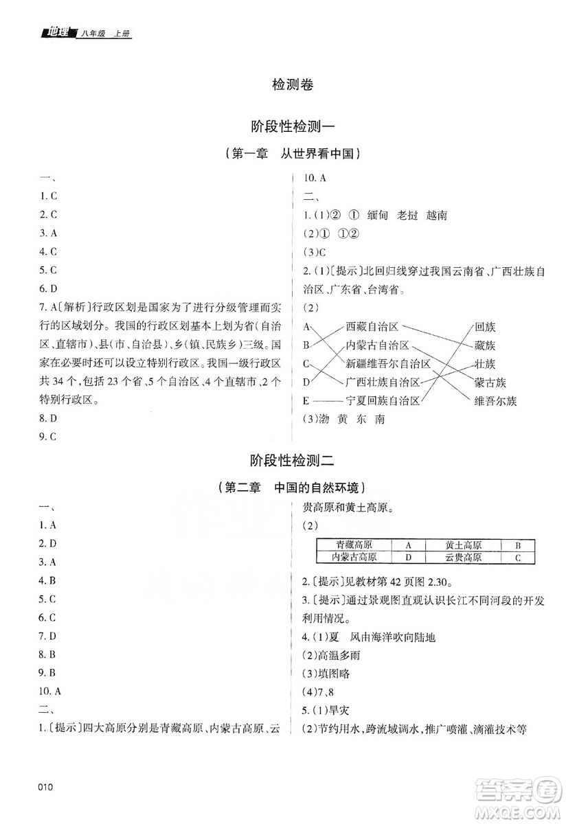 天津教育出版社2019學(xué)習(xí)質(zhì)量監(jiān)測(cè)八年級(jí)地理上冊(cè)人教版答案