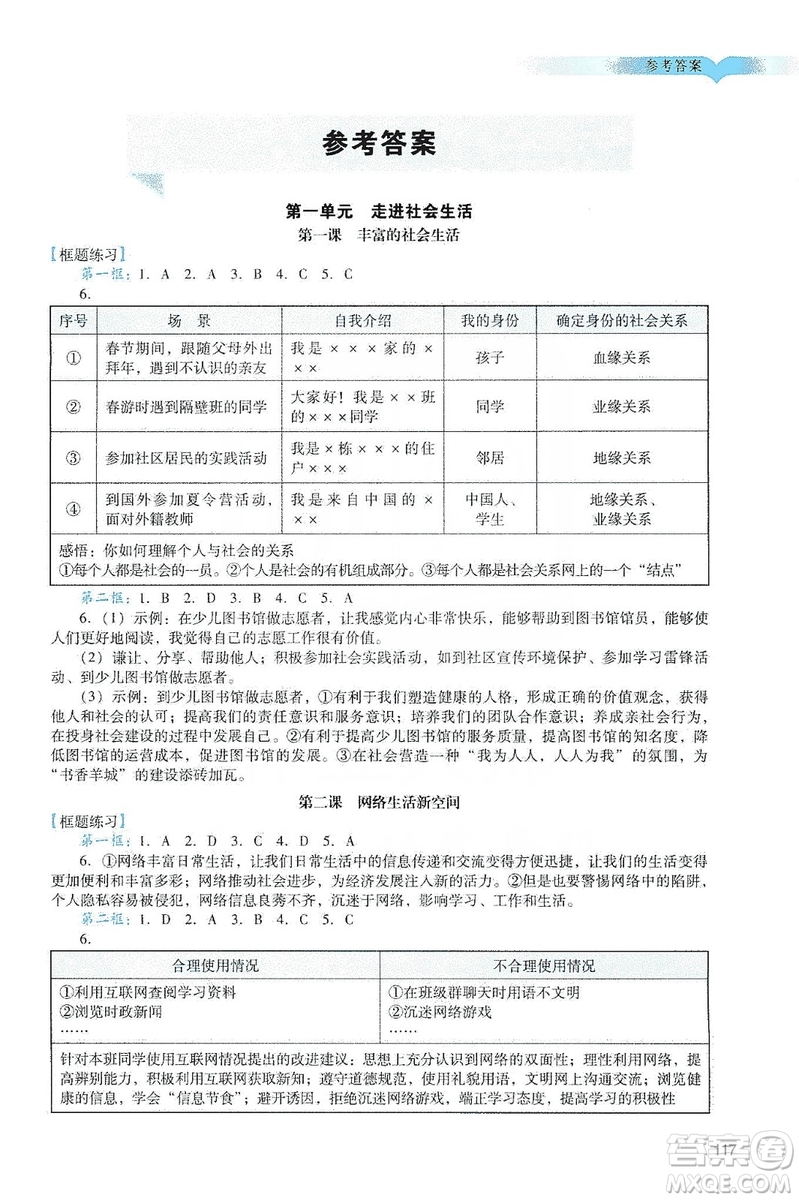 廣州出版社2019陽光學業(yè)評價道德與法治八年級上冊人教版答案